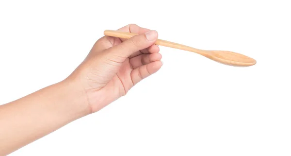 Mano Sosteniendo Cuchara Madera Aislada Sobre Fondo Blanco — Foto de Stock