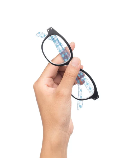 Mão Segurando Óculos Isolado Fundo Branco — Fotografia de Stock