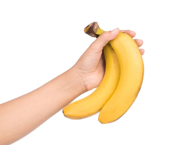 Ręka Trzyma Bananów Białym Tle — Zdjęcie stockowe