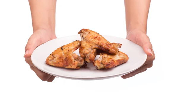 Hand Holding Roasted Chicken Wing Dish Isolated White Background — Stock Photo, Image