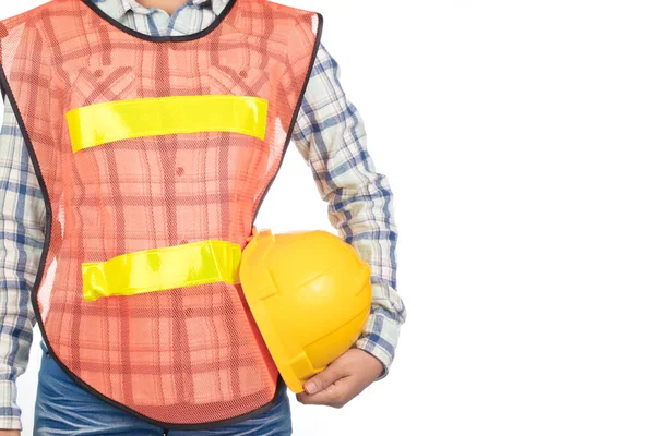 Bauarbeiter Mit Schutzhelm Der Konstruktion Isoliert Auf Weißem Hintergrund — Stockfoto