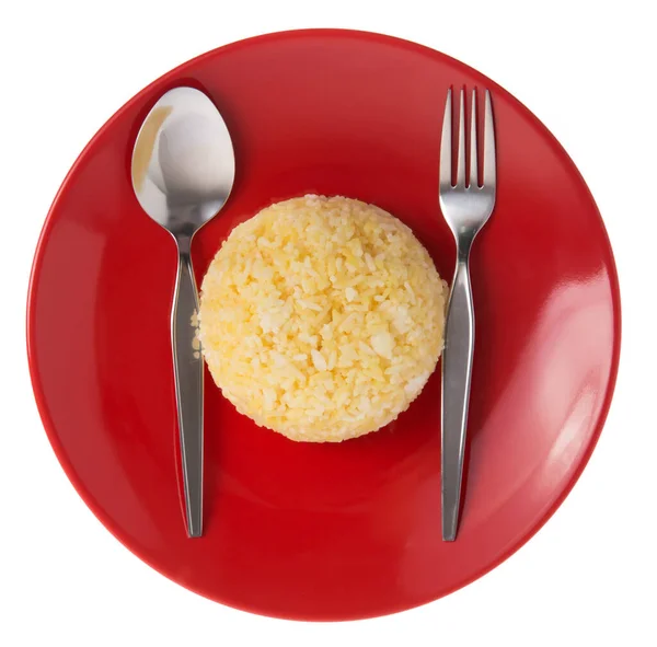 Rice Plate Portion Cooked Yellow Rice Red Ceramic Dish — Stok fotoğraf