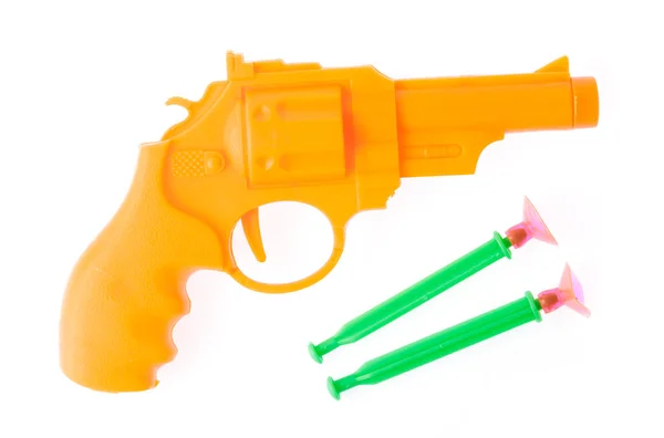 Plastic Speelgoedpistool Met Darts Geïsoleerd Witte Achtergrond — Stockfoto