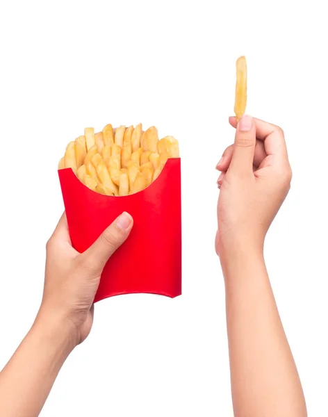 Hand Holding French Fries Red Paper Bag Isolated White Background — Stock Photo, Image