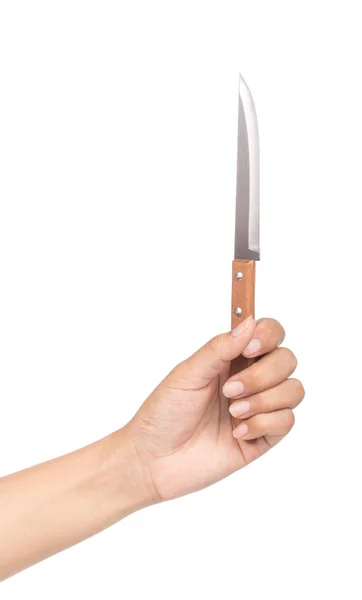 白い背景に木で作られたハンドルで手を握るナイフ — ストック写真