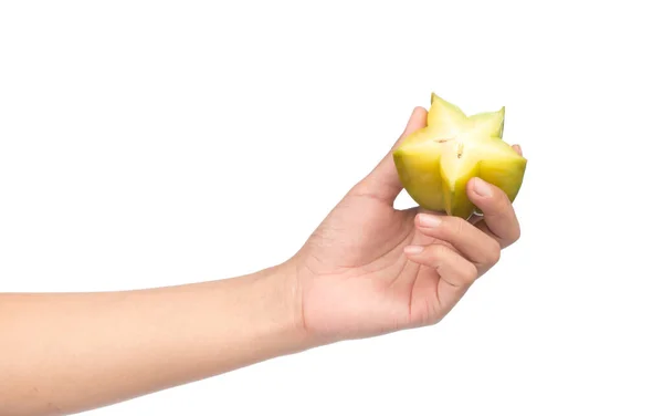 Mão Segurando Fatia Starfruit Carambola Isolado Fundo Branco — Fotografia de Stock