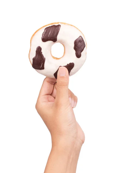 Hand Innehav Bett Choklad Donut Med Mönster Isolerad Vit Bakgrund — Stockfoto