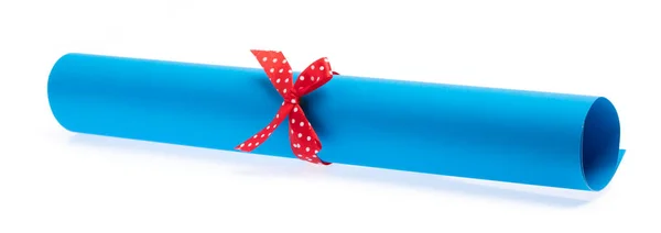 Roll Blue Paper Red Ribbon Isolated White Background — Stock Photo, Image