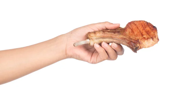 Hand Hält Gegrillte Schweinerippchen Isoliert Auf Weißem Hintergrund — Stockfoto