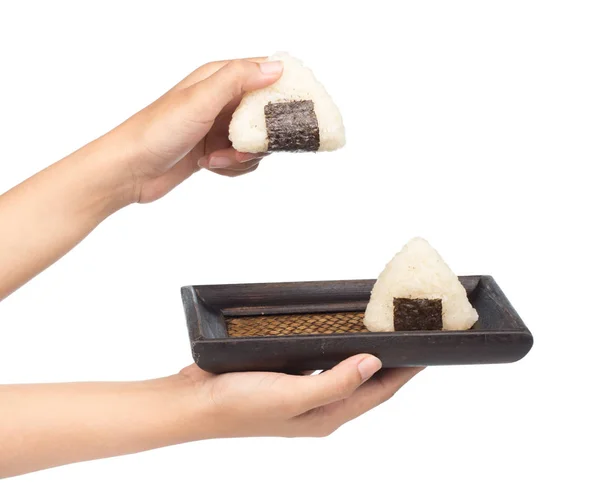 Onigiri Con Alghe Secche Nori Vassoio Bambù Isolato Fondo Bianco — Foto Stock