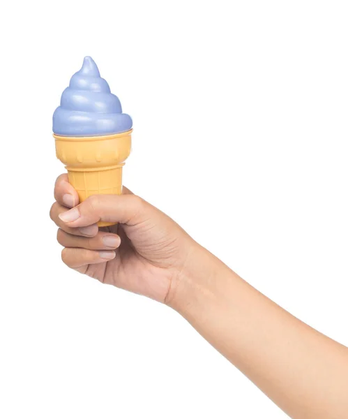 Hand Hält Blauen Eisbecher Isoliert Auf Weißem Hintergrund — Stockfoto