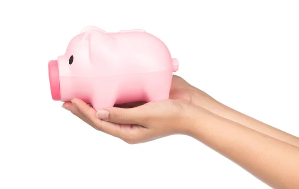 Hand Holding Piggy Bank Style Money Box Isolated White Background — Stock Photo, Image