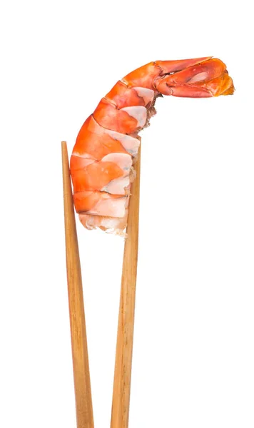 Chopsticks Holding Prawn Isolated White Background — Stock Photo, Image