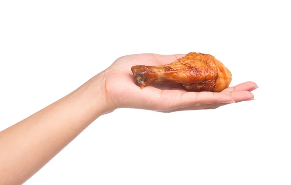 Mano Sosteniendo Pierna Pollo Asado Aislado Sobre Fondo Blanco — Foto de Stock