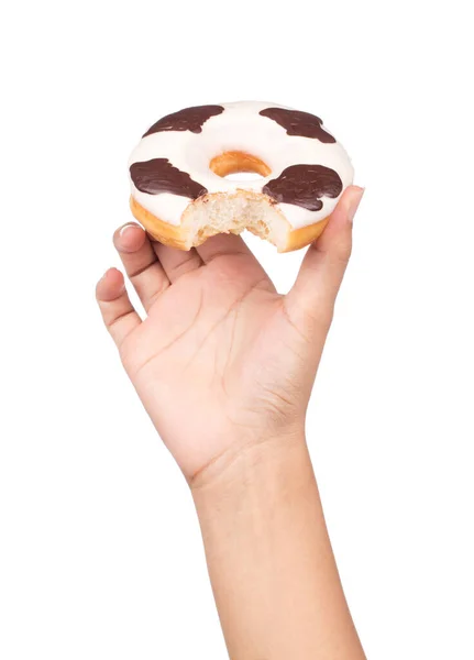 Hand Innehav Bett Choklad Donut Med Mönster Isolerad Vit Bakgrund — Stockfoto