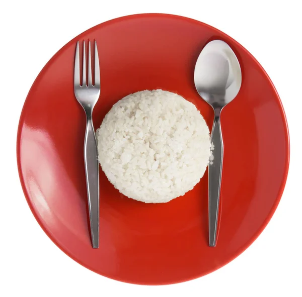 Κόκκινο Πιάτο Ρύζι Απομονωμένο Λευκό Φόντο — Φωτογραφία Αρχείου