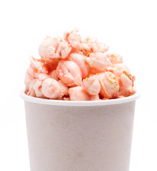 Rosa Godis Popcorn Kopp Isolerad Vit Bakgrund — Stockfoto