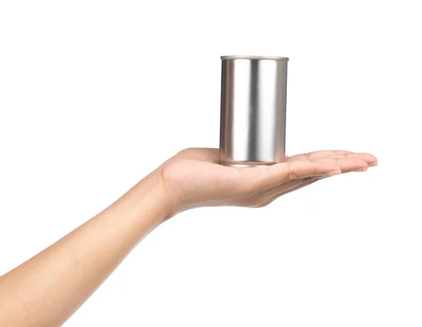 Trzymanie Ręki Może Aluminium Izolowane Białym Tle — Zdjęcie stockowe