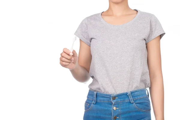 Woman Wearing Blank Gray Shirt Jeans Use Toothbrush Isolated White — Stock Photo, Image