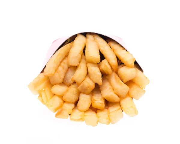 Batatas Fritas Serrilhadas Num Saco Papel Vermelho Isolado Sobre Fundo — Fotografia de Stock