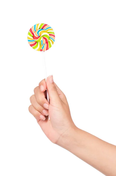 Hand Holding Colorful Spiral Lollipops Isolated White Background — Stock Photo, Image