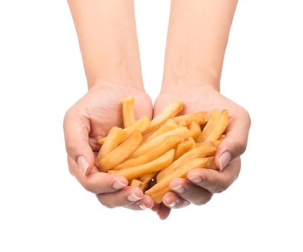 Mano Sosteniendo Papas Fritas Aisladas Sobre Fondo Blanco —  Fotos de Stock