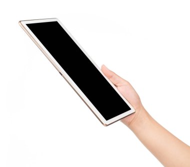 Beyaz arka plan üzerinde izole telefon tablet tutan el