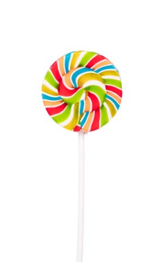 Beyaz arka plan üzerinde izole renkli sarmal lolipop.