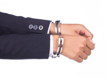 Prangalı işadamının eli beyaz arka planda izole edilmiş.