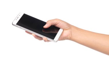 Telefonu tutan el beyaz arkaplanda izole edildi