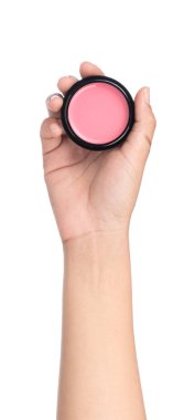 Beyaz arkaplanda el ele tutuşan pembe allık..