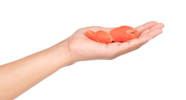 El ele tutuşan yengeç beyaz arkaplanda izole edildi