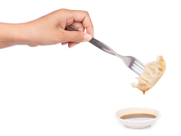 Mano Celebración Wonton Por Tenedor Aislado Sobre Fondo Blanco — Foto de Stock