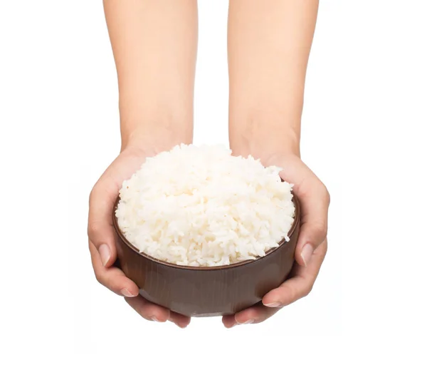 Hand Holding Bowl Rice Isolated White Background — Stock Photo, Image