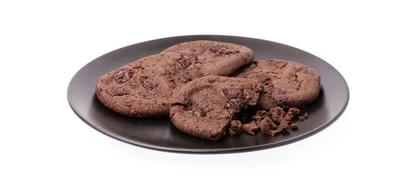 Chocolate Chip Cookies Prato Isolado Fundo Branco — Fotografia de Stock