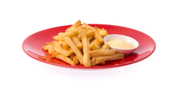 Pommes Kartoffeln Mit Mayonnaise Auf Einem Gericht Isoliert Auf Weißem — Stockfoto