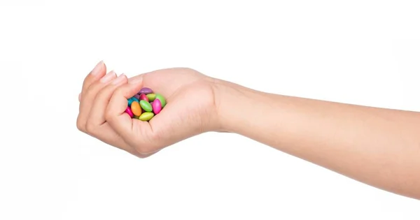 Palo Mano Caramelle Ricoperte Cioccolato Colorato Isolato Sfondo Bianco — Foto Stock