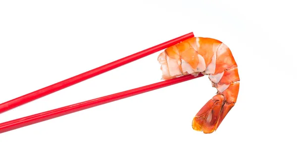 Chopsticks Holding Prawn Isolated White Background — Stock Photo, Image