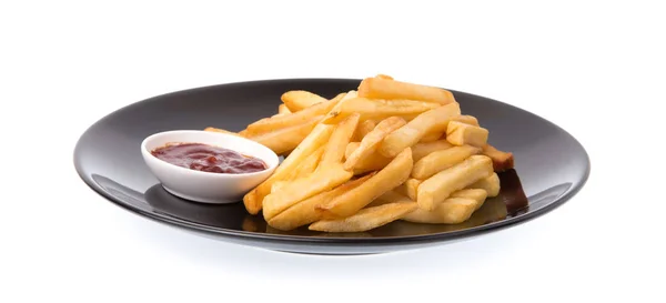 Pommes Kartoffeln Mit Ketchup Auf Einem Gericht Isoliert Auf Weißem — Stockfoto