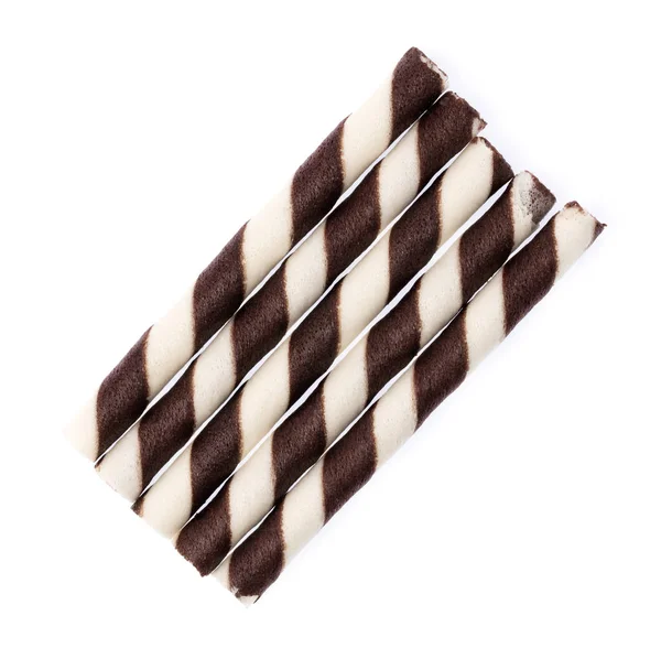 Rolos Wafer Listrados Preenchidos Com Chocolate Isolado Fundo Branco — Fotografia de Stock