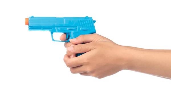 Hand Houden Toy Gun Gemaakt Van Kunststof Geïsoleerd Witte Achtergrond — Stockfoto