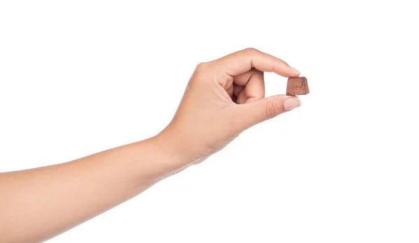 Mano Sosteniendo Trufas Chocolate Contra Aislado Sobre Fondo Blanco —  Fotos de Stock