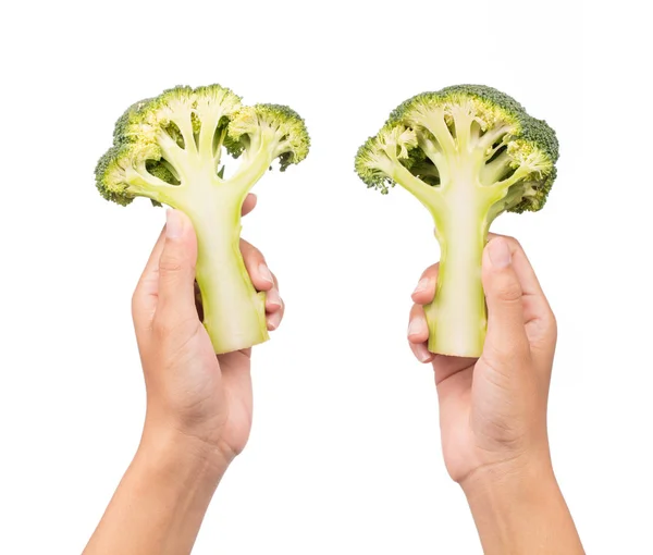 Tangan Memegang Irisan Brokoli Terisolasi Pada Latar Belakang Putih — Stok Foto