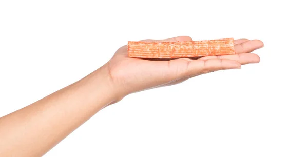 Hand Hålla Krabba Stick Isolerad Vit Bakgrund — Stockfoto