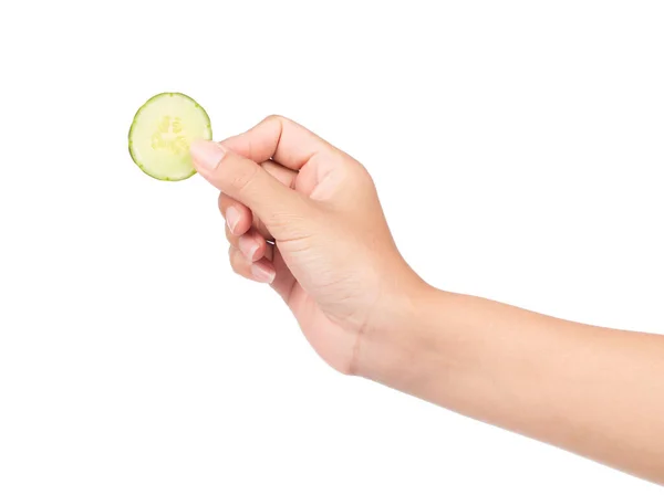 Mão Segurando Pepino Isolado Fundo Branco — Fotografia de Stock