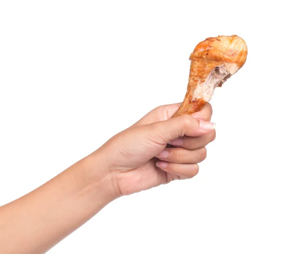 Mão Segurando Perna Frango Assado Isolado Fundo Branco — Fotografia de Stock