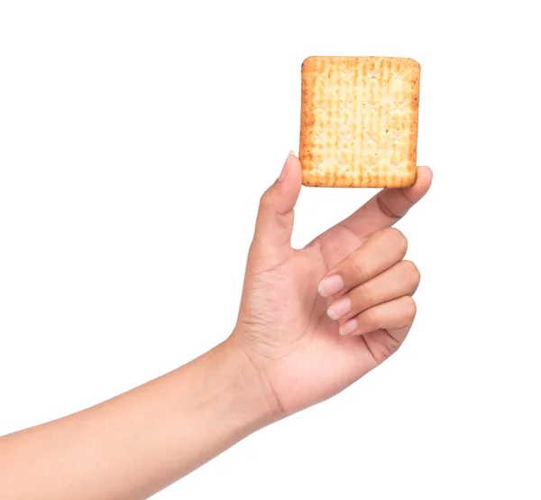 Mão Segurando Biscoitos Pão Lanche Isolado Fundo Branco — Fotografia de Stock