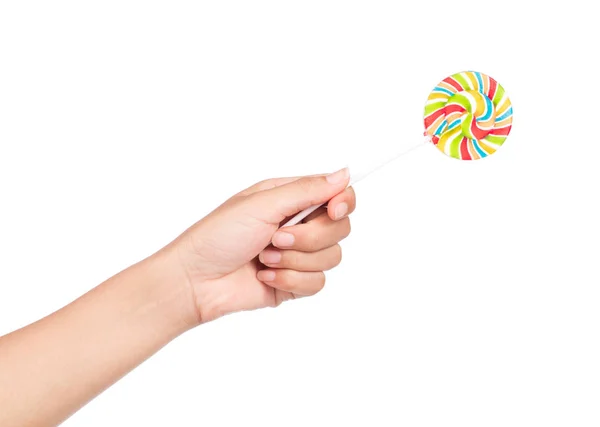 Hand Houden Kleurrijke Spiraal Lolly Geïsoleerd Witte Achtergrond — Stockfoto