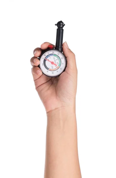 Hand Holding Manometer Measuring Tire Pressure Isolated White Background — Stock Photo, Image