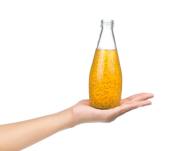 Hand Hält Ananassaft Mit Basilikumkern Glasflaschen Isoliert Auf Weißem Hintergrund — Stockfoto